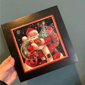 Wood Framed Christmas Festive Ceramic Santa Claus Holiday Trivet Wall Art 8”